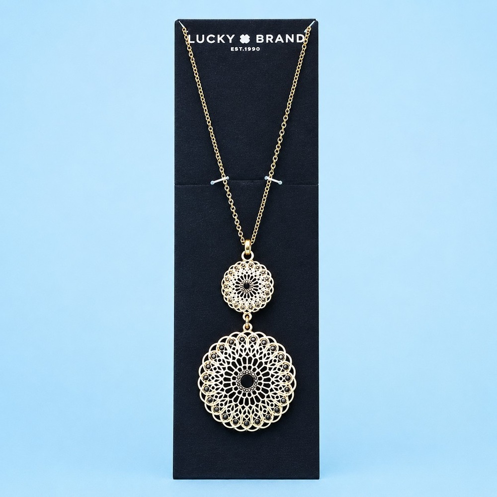 Lucky Brand Gold Tone Semi Precious Black Filigree Pendant Necklace NWT 3264
